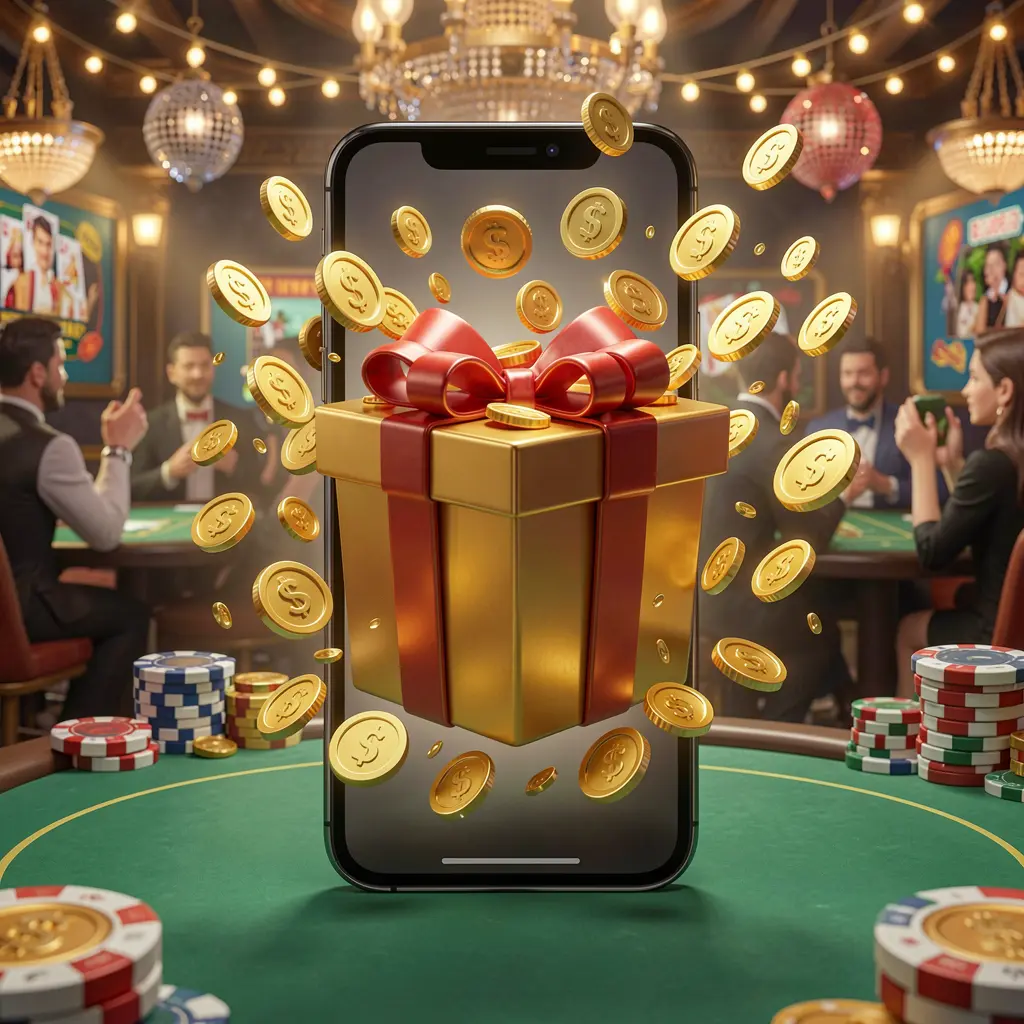 RK5 mobile casino bonus app concept showing a phone screen with a gift box and coins bursting out in a festive casino atmosphere, premium 3D illustration