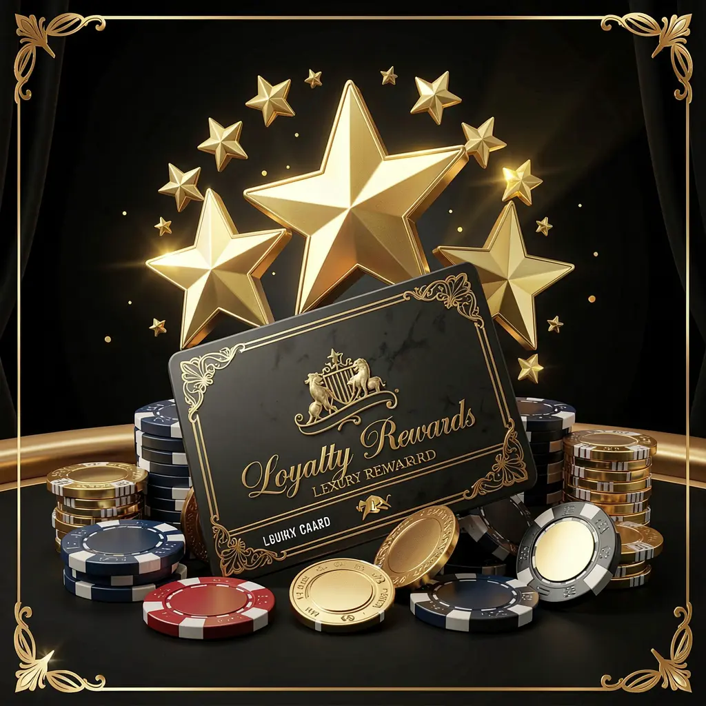 RK5 loyalty rewards casino image featuring golden stars, poker chips, coins, and a luxury reward card on an elegant black and gold background in a realistic 3D render