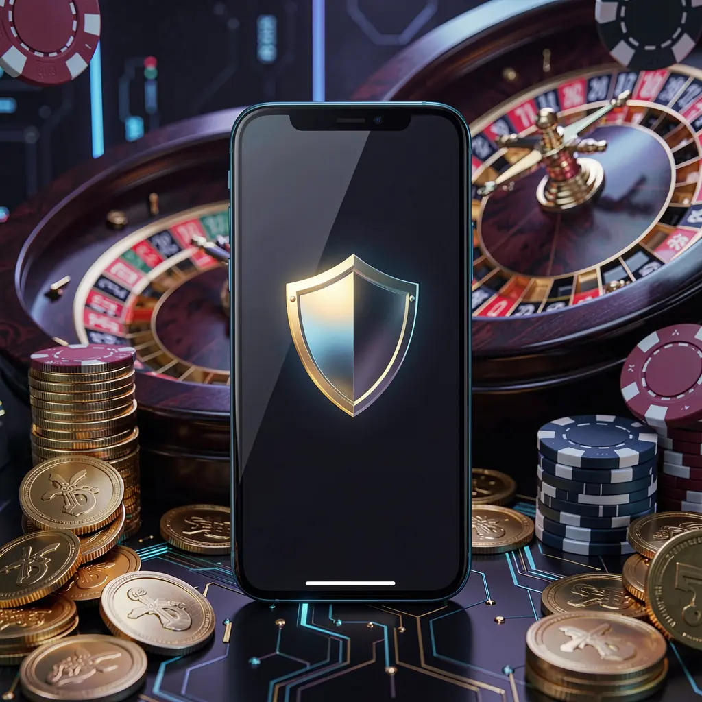 RK5 secure mobile casino login screen showing a phone with a shield icon, roulette wheel, poker chips, and golden coins in a dark cyber luxury atmosphere