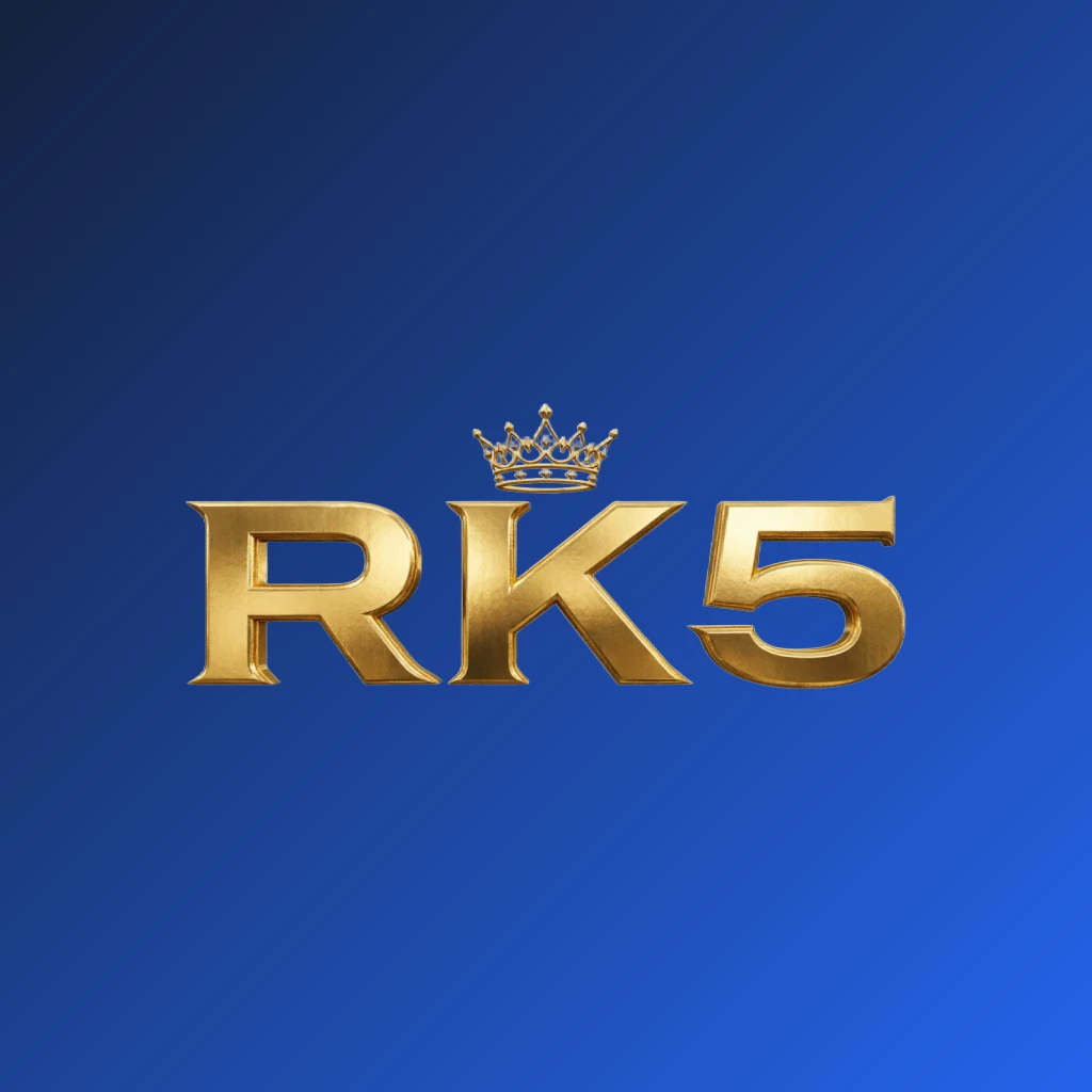 RK5 luxury brand logo with a gold metallic finish featuring a crown above the letters, designed as a horizontal rectangular wordmark with a transparent background, ideal for a website header