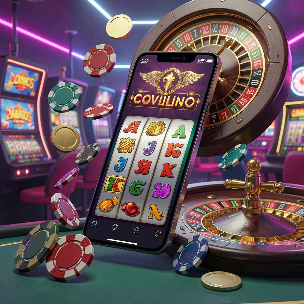 RK5 casino entertainment homepage concept showing a modern mobile phone surrounded by slot symbols, a roulette wheel, chips, and coins floating against a neon casino background in a premium 3D render